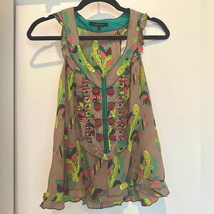 Nanette Lepore boho silk pattern beaded tank top ruffle blouse small 4